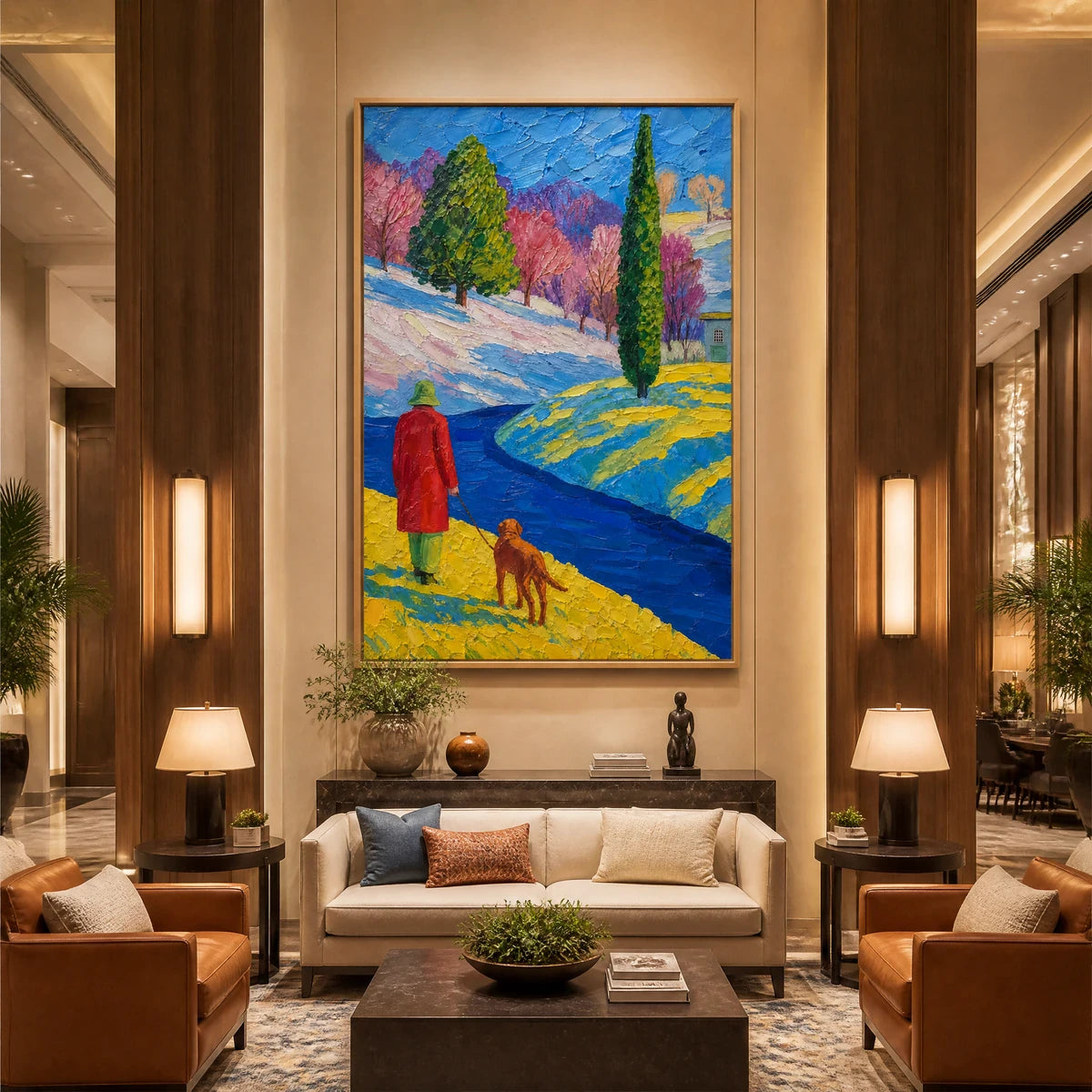 Crimson Path in a refined hotel interior with wood frame