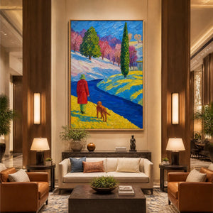Crimson Path in a refined hotel interior with wood frame