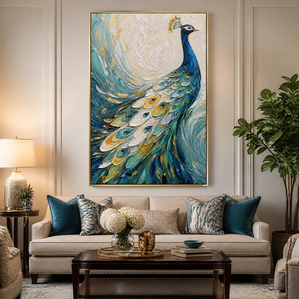 Sapphire Plume in a refined living room with gold frame