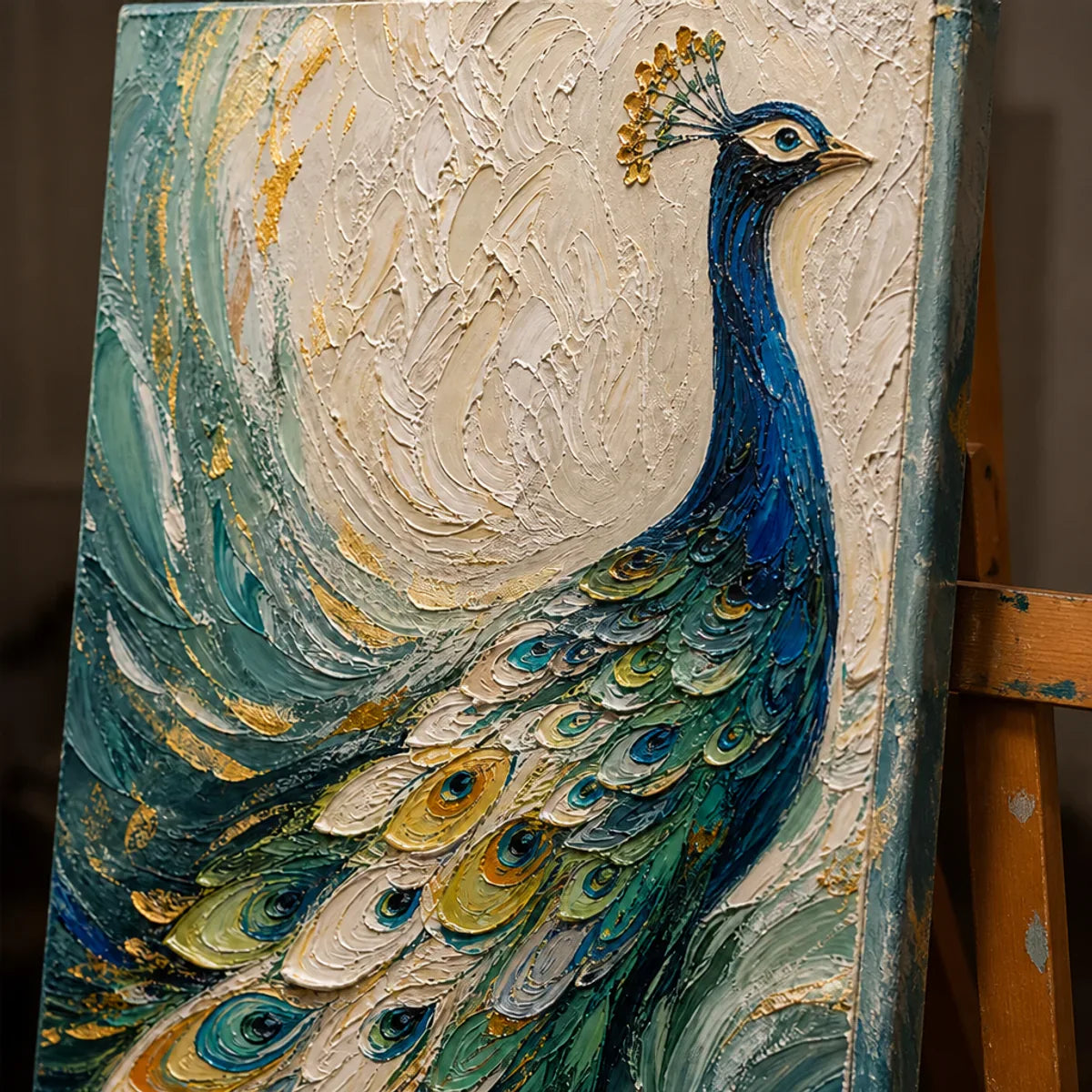 Close-up detail of Sapphire Plume showing hand-painted texture and part of the frame