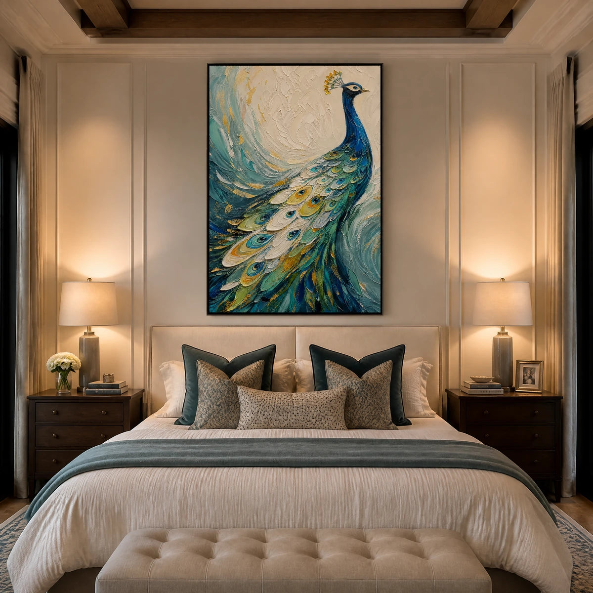 Sapphire Plume in a refined bedroom with black frame