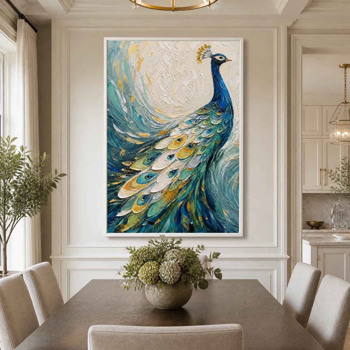 Sapphire Plume in a refined dining room with white frame