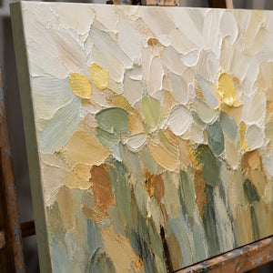 Close-up detail of Ivory Petal Meadow showing hand-painted texture and part of the frame