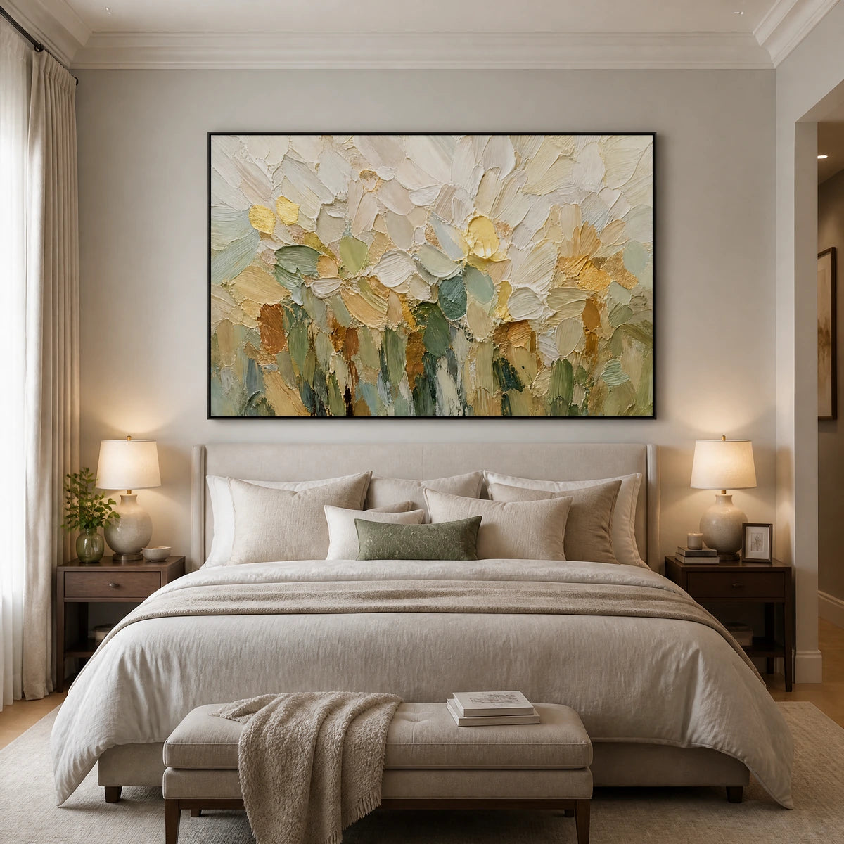 Ivory Petal Meadow in a refined bedroom with black frame