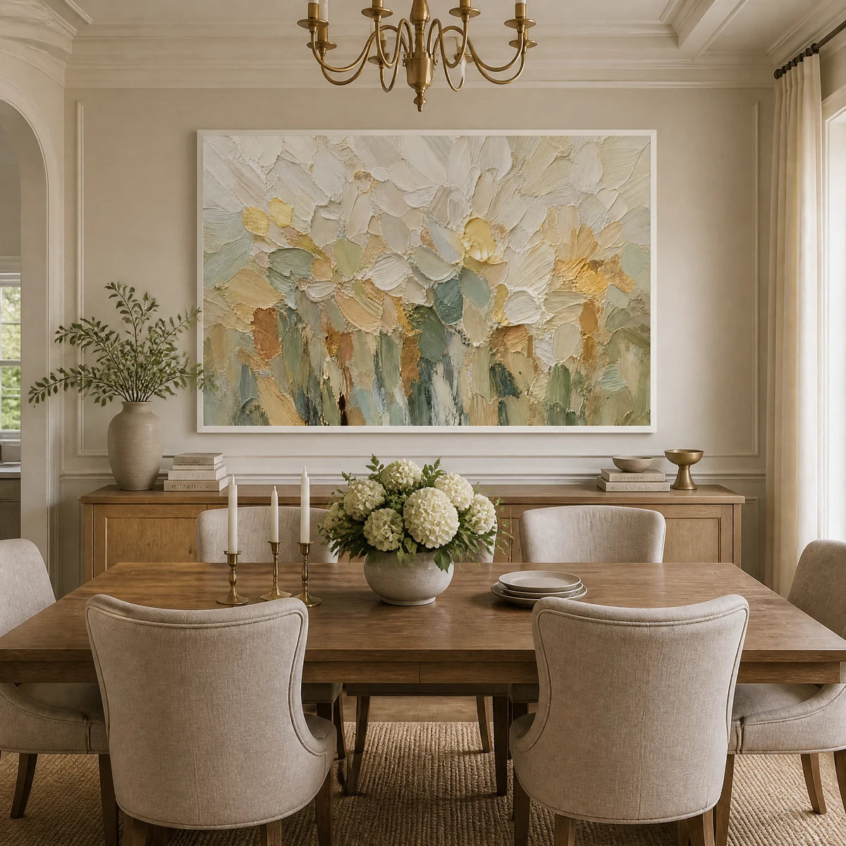 Ivory Petal Meadow in a refined dining room with white frame