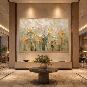 Ivory Petal Meadow in a refined hotel interior with wood frame