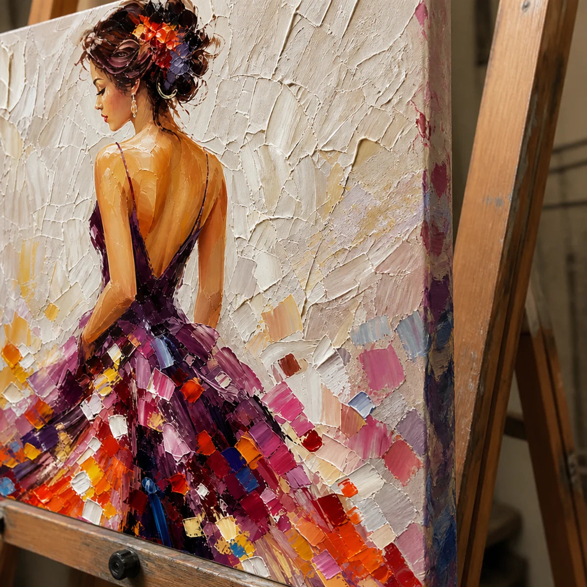 Close-up detail of Mosaic Ball Gown showing hand-painted texture and part of the frame