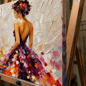 Close-up detail of Mosaic Ball Gown showing hand-painted texture and part of the frame