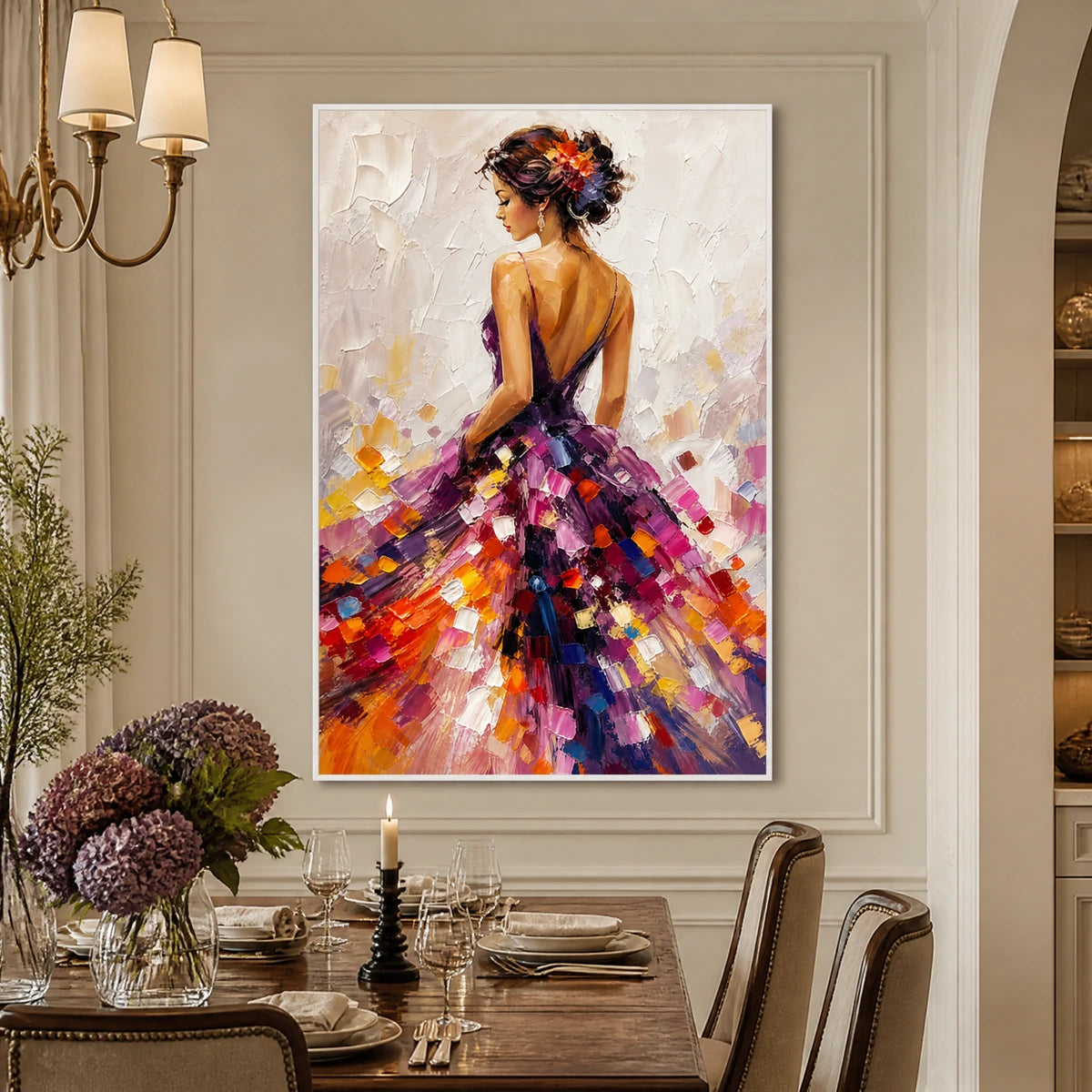 Mosaic Ball Gown in a refined dining room with white frame