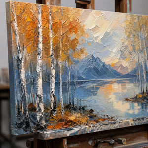 Close-up detail of Amber Birch Shore showing hand-painted texture and part of the frame