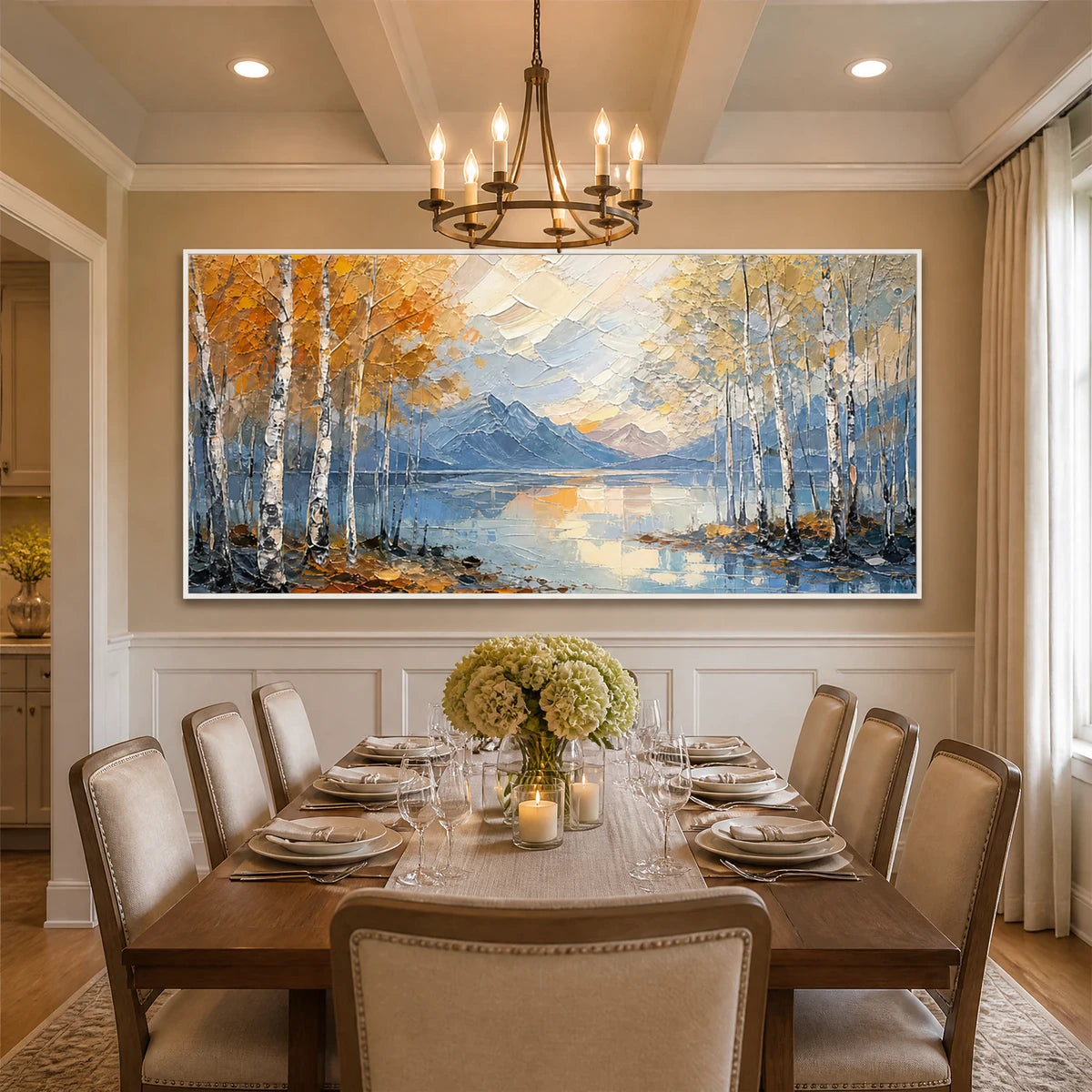 Amber Birch Shore in a refined dining room with white frame