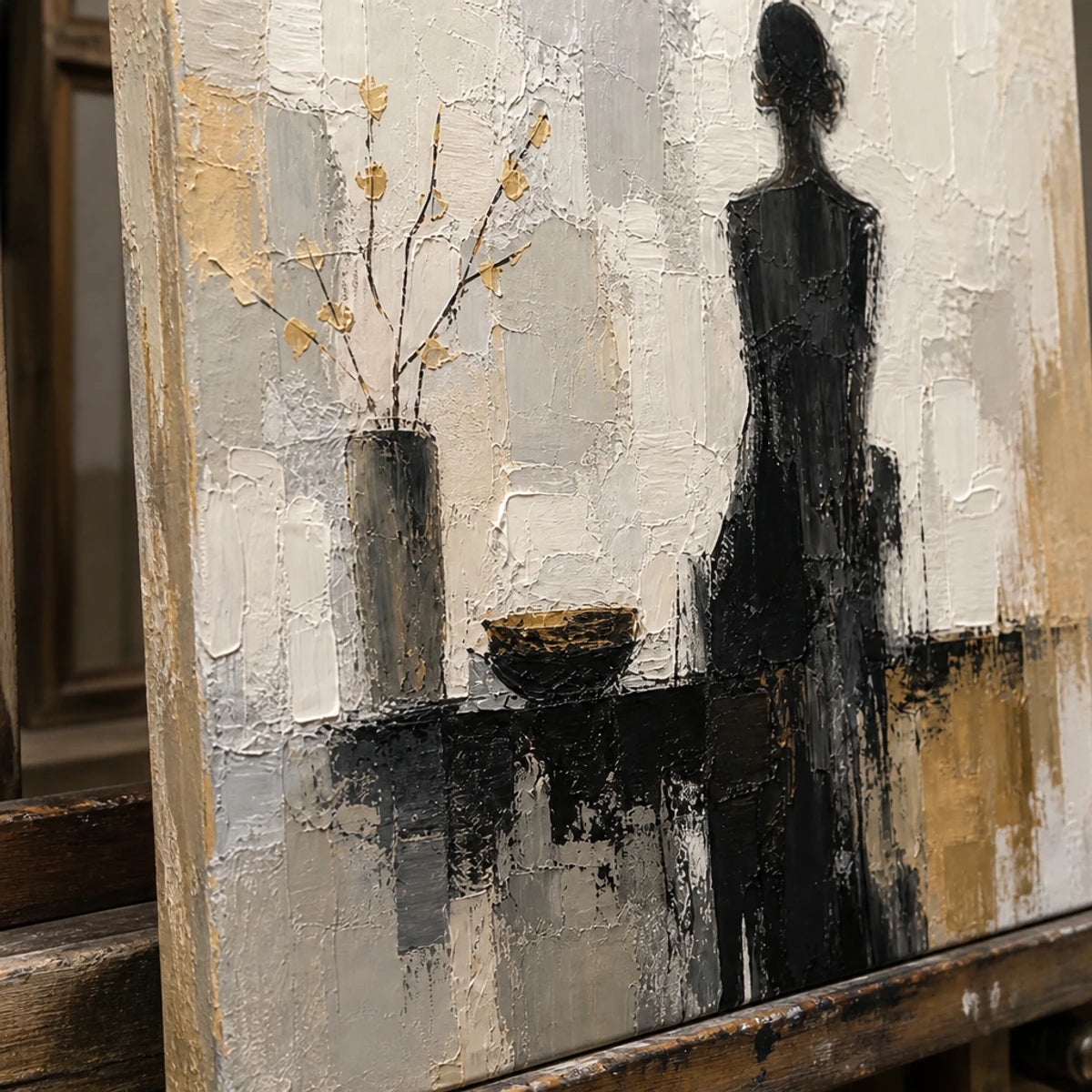 Close-up detail of Figure In The Rain showing hand-painted texture and part of the frame