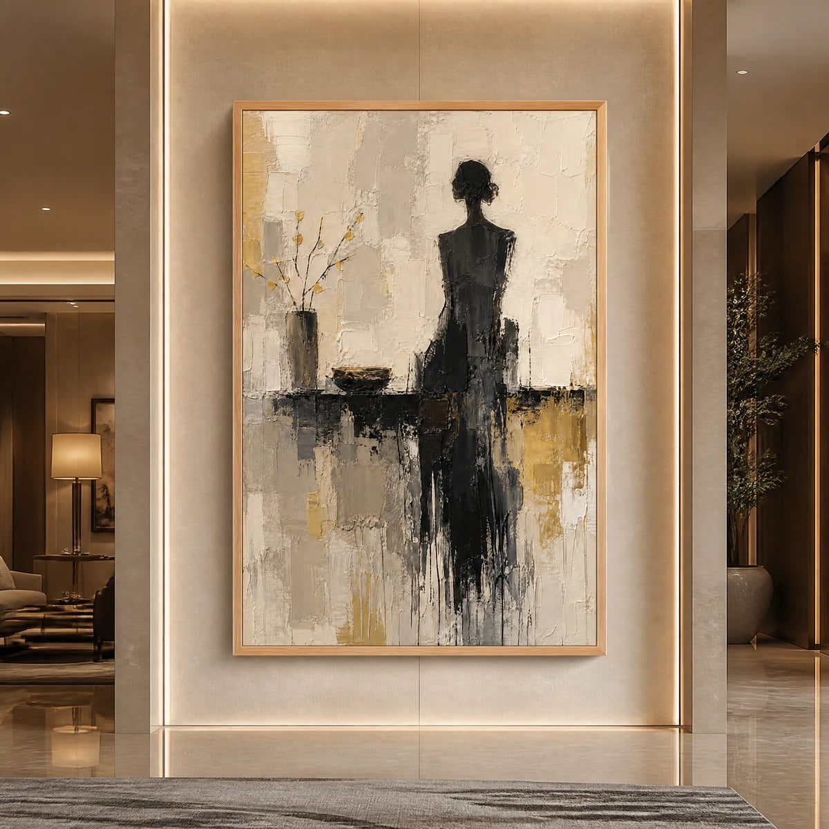 Figure In The Rain in a refined hotel interior with wood frame