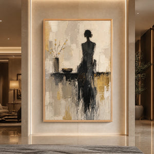 Figure In The Rain in a refined hotel interior with wood frame