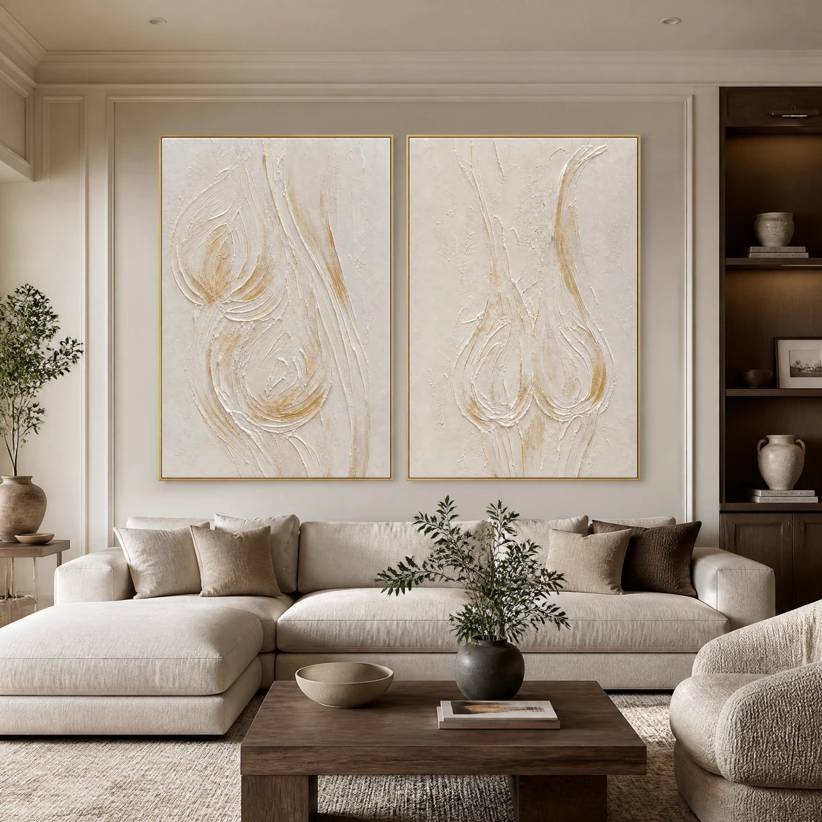 Ivory Lotus Duet in a refined living room with gold frame