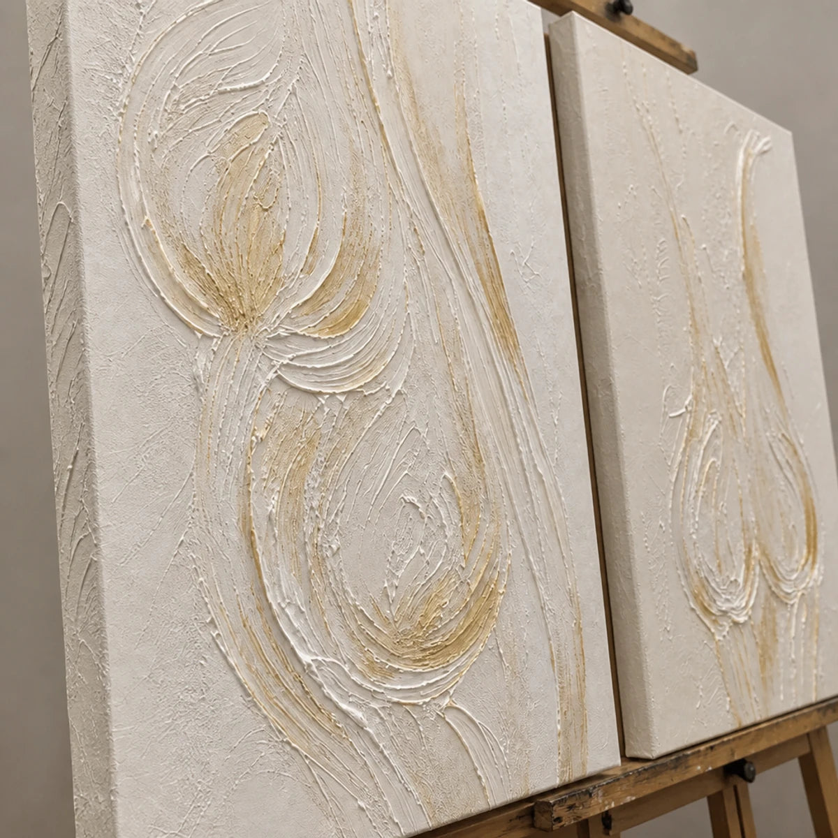 Close-up detail of Ivory Lotus Duet showing hand-painted texture and part of the frame