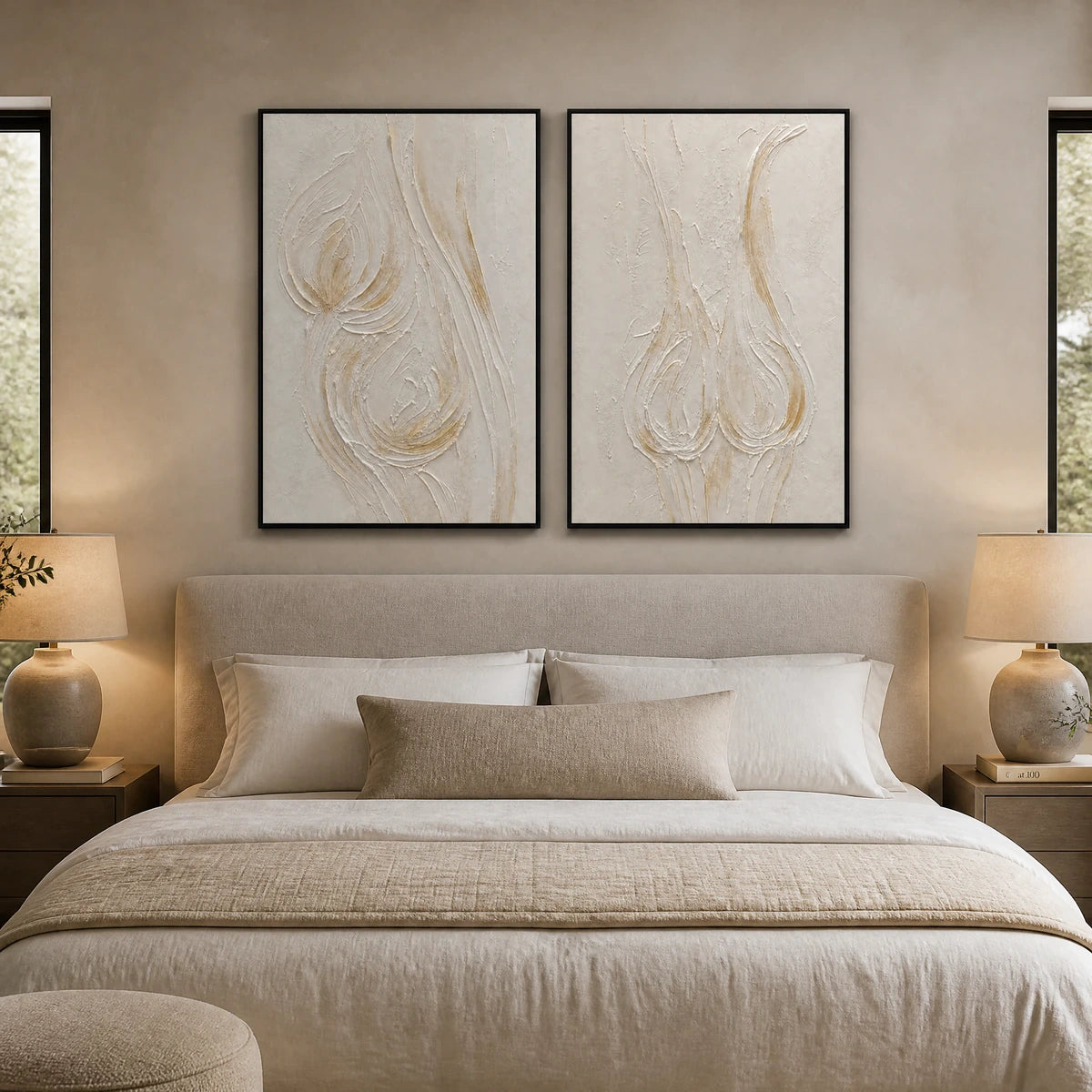 Ivory Lotus Duet in a refined bedroom with black frame