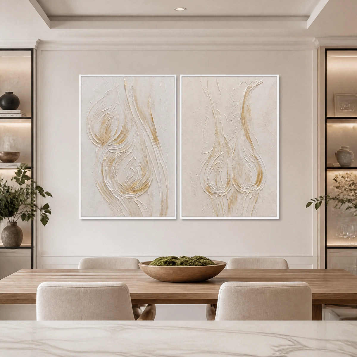 Ivory Lotus Duet in a refined dining room with white frame
