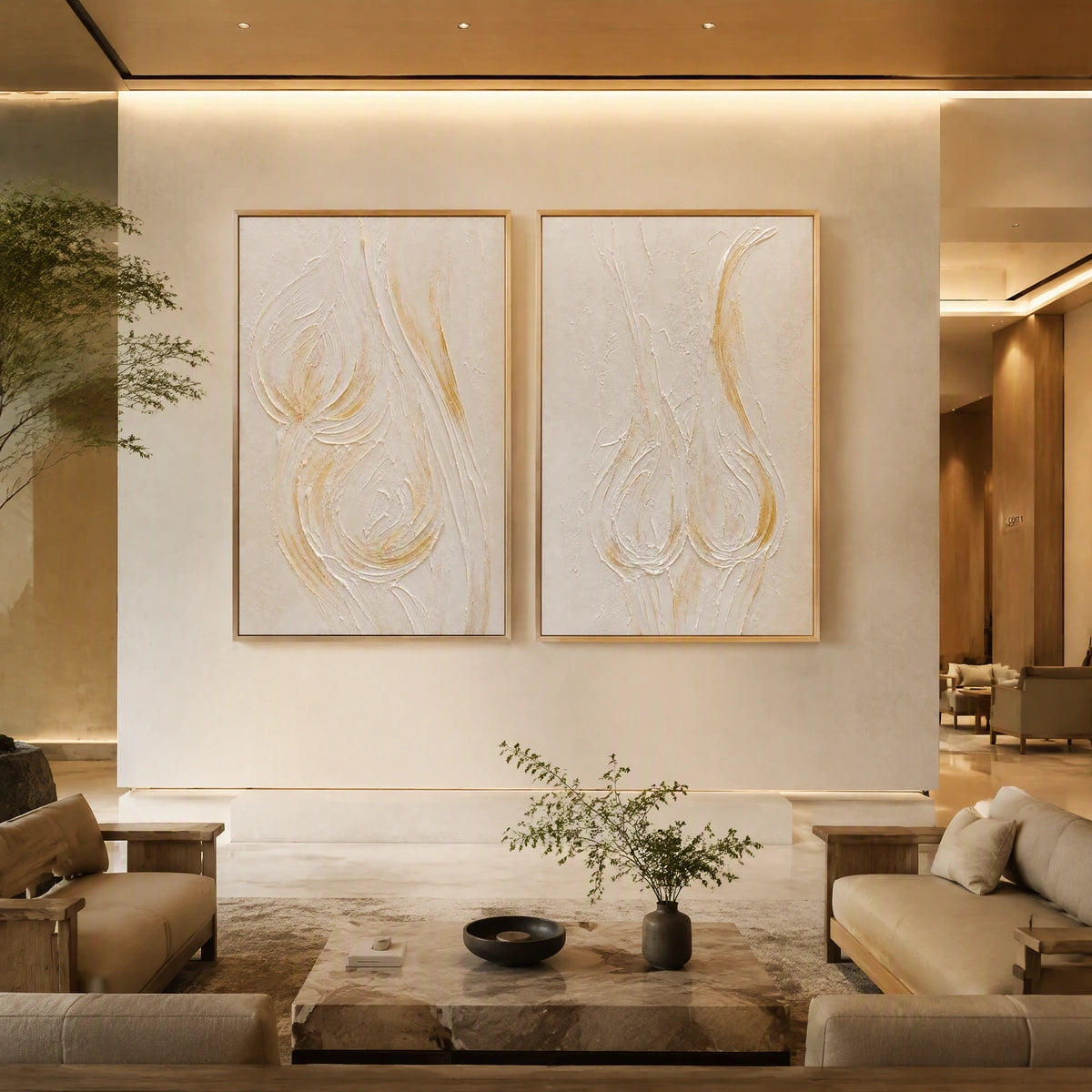 Ivory Lotus Duet in a refined hotel interior with wood frame