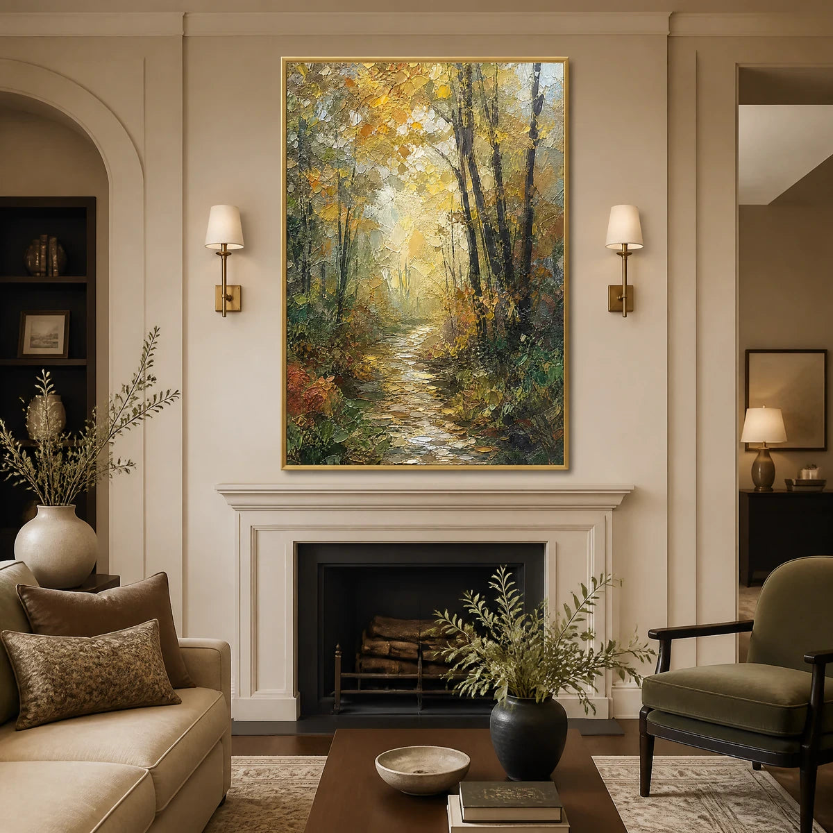Forest Cathedral Light in a refined living room with gold frame
