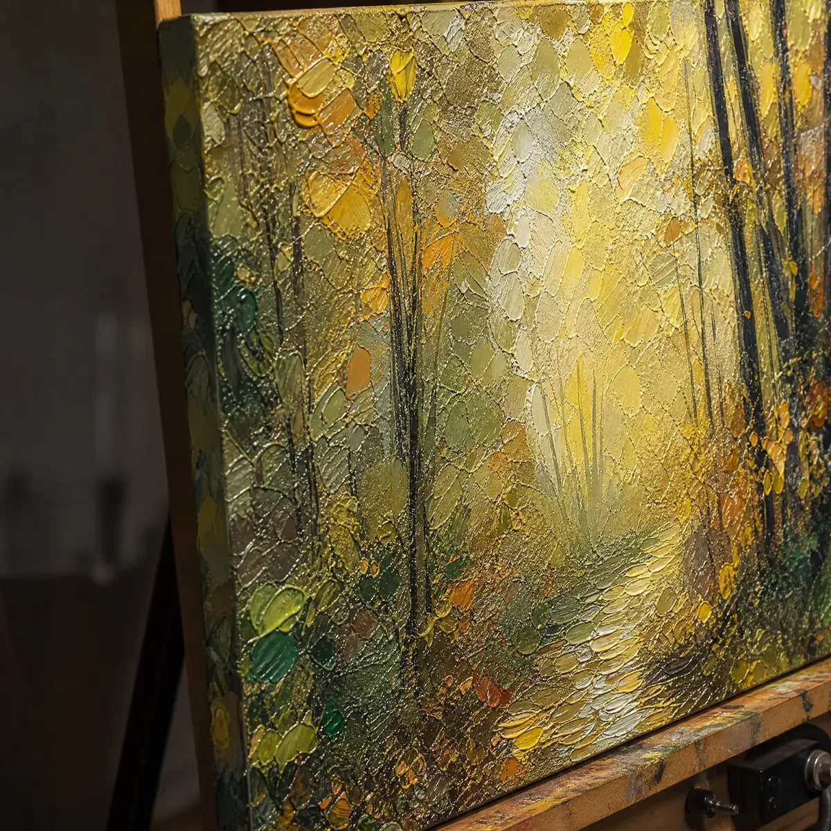 Close-up detail of Forest Cathedral Light showing hand-painted texture and part of the frame