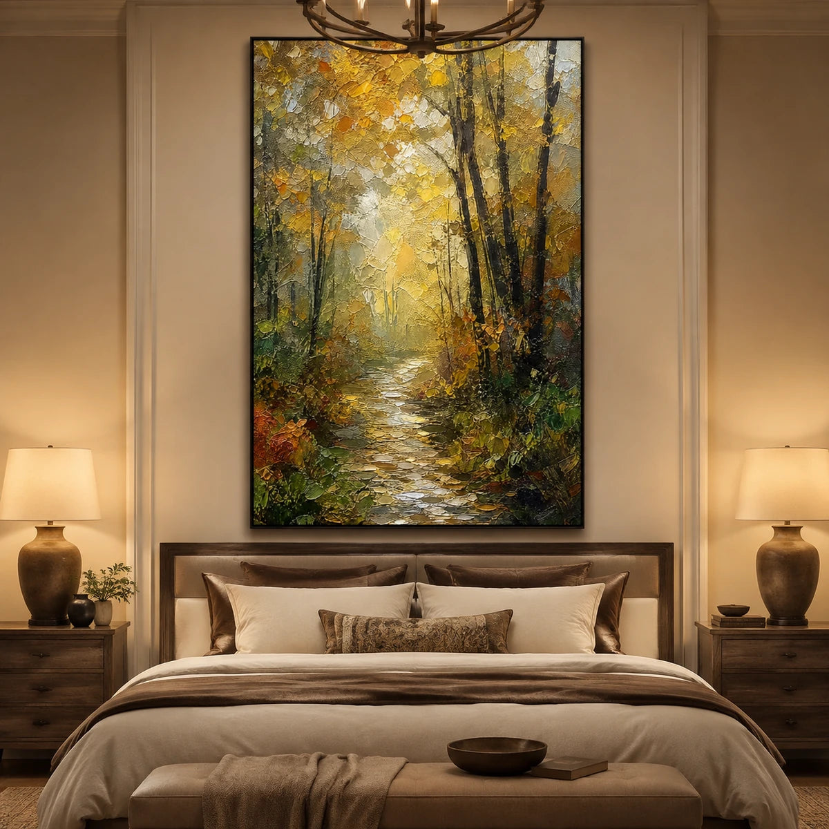Forest Cathedral Light in a refined bedroom with black frame