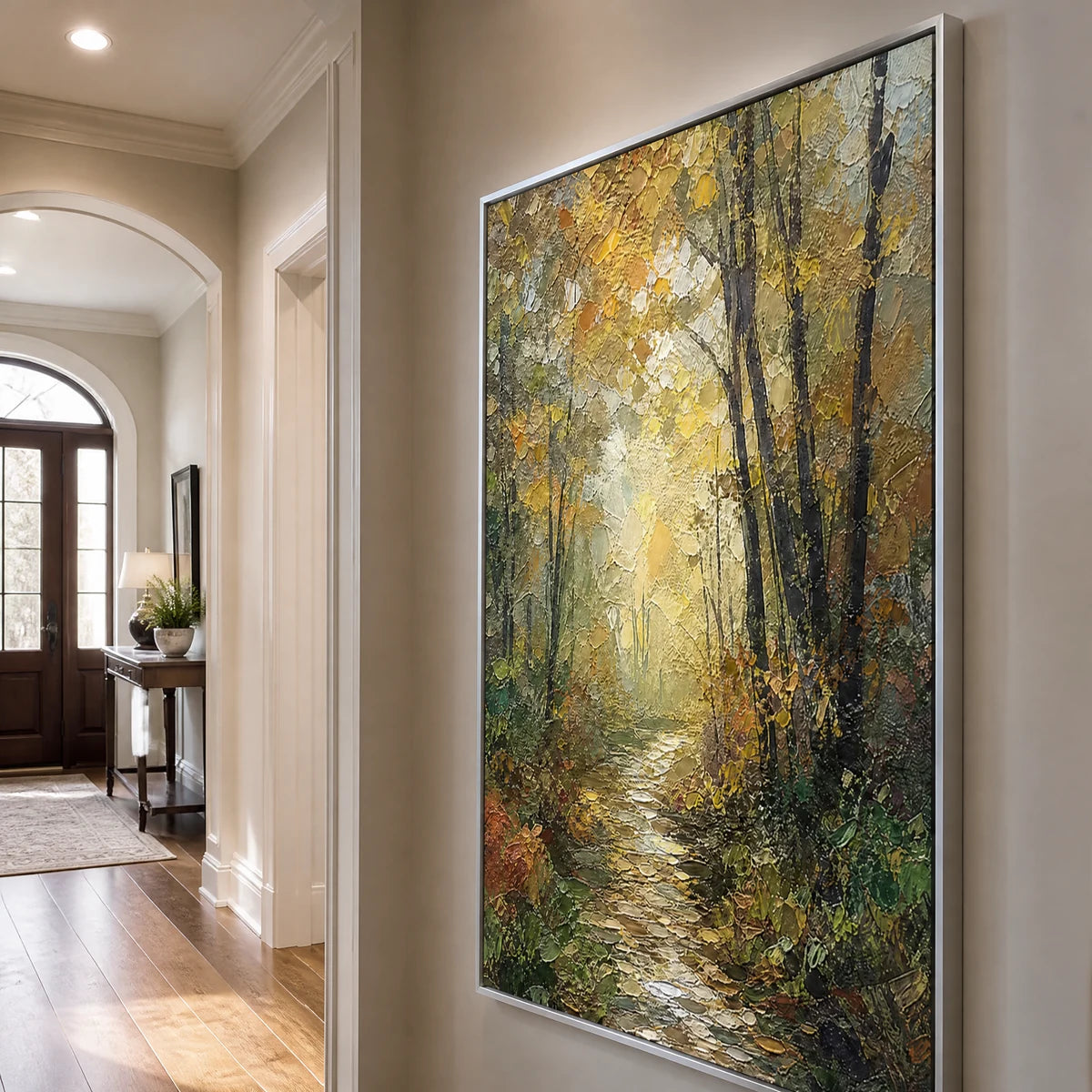 Forest Cathedral Light in a refined entry hall with silver frame