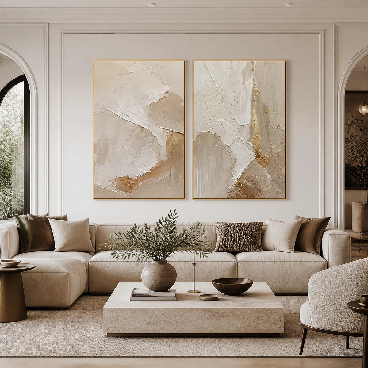 Sandstone Passage Duet in a refined living room with gold frame