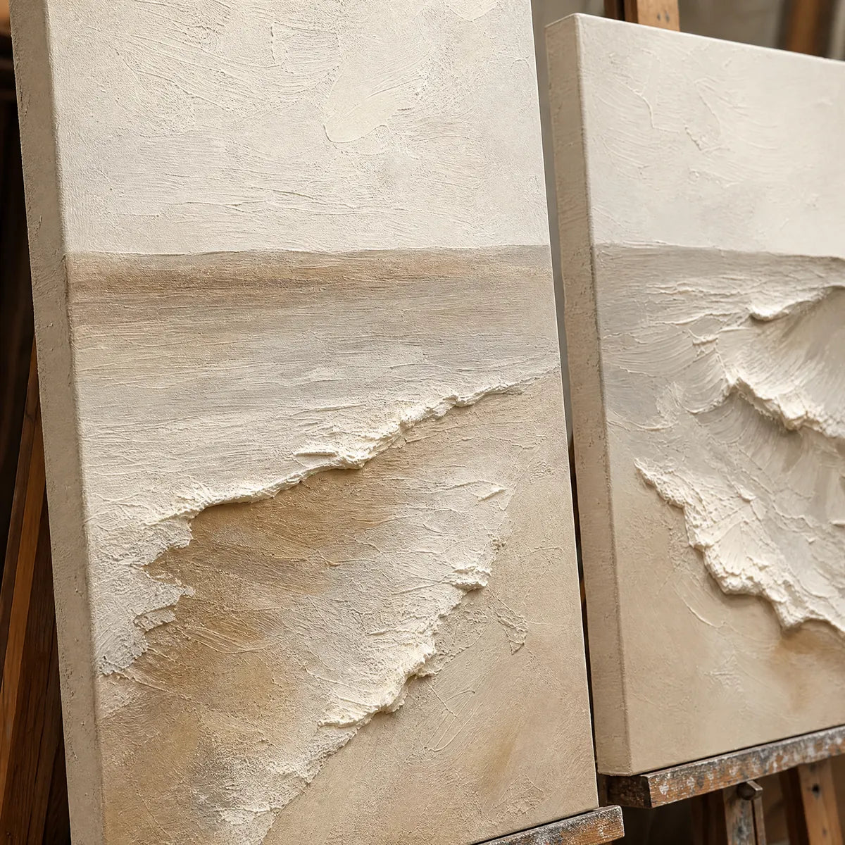 Close-up detail of Coastal Fold Duet showing hand-painted texture and part of the frame