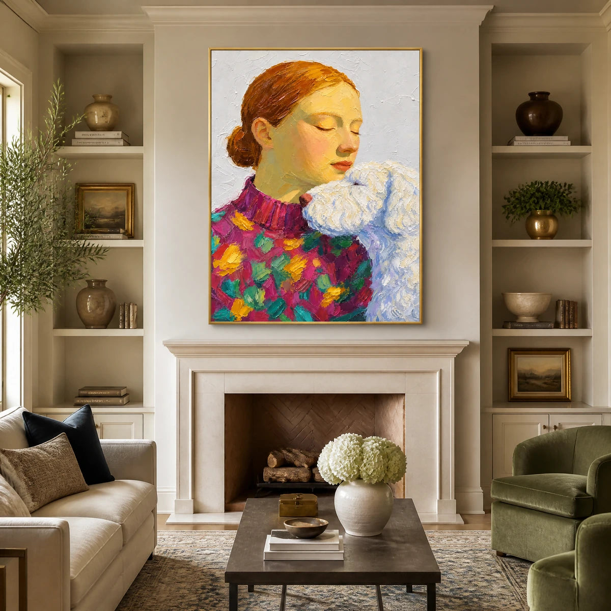 Patchwork Embrace in a refined living room with gold frame