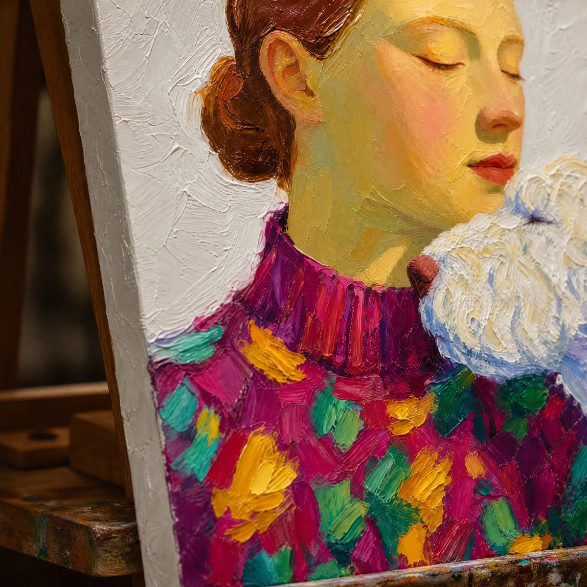 Close-up detail of Patchwork Embrace showing hand-painted texture and part of the frame
