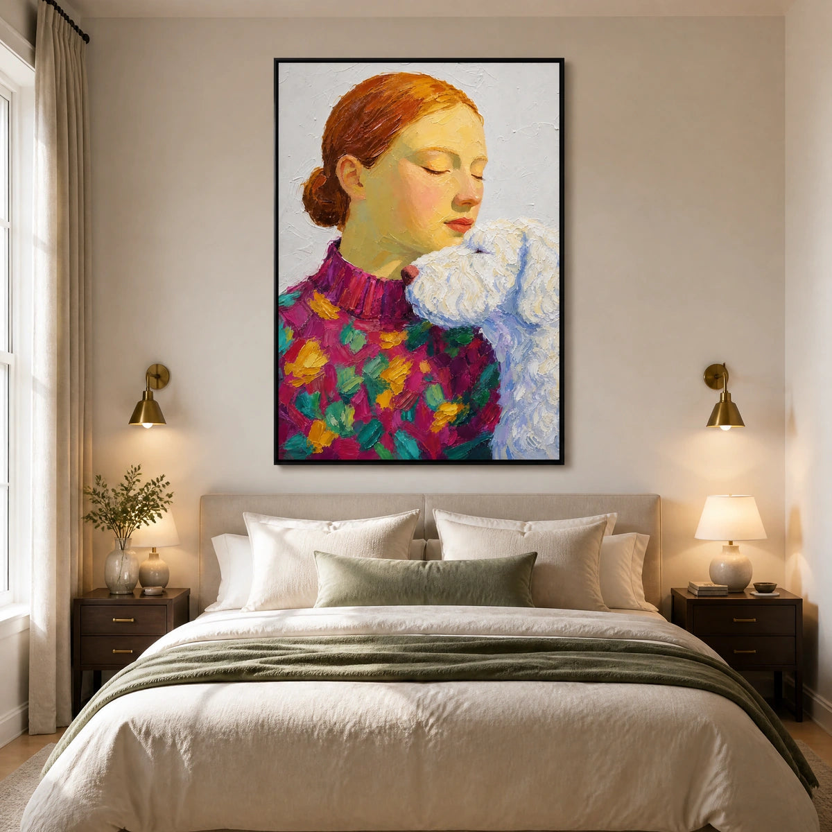 Patchwork Embrace in a refined bedroom with black frame