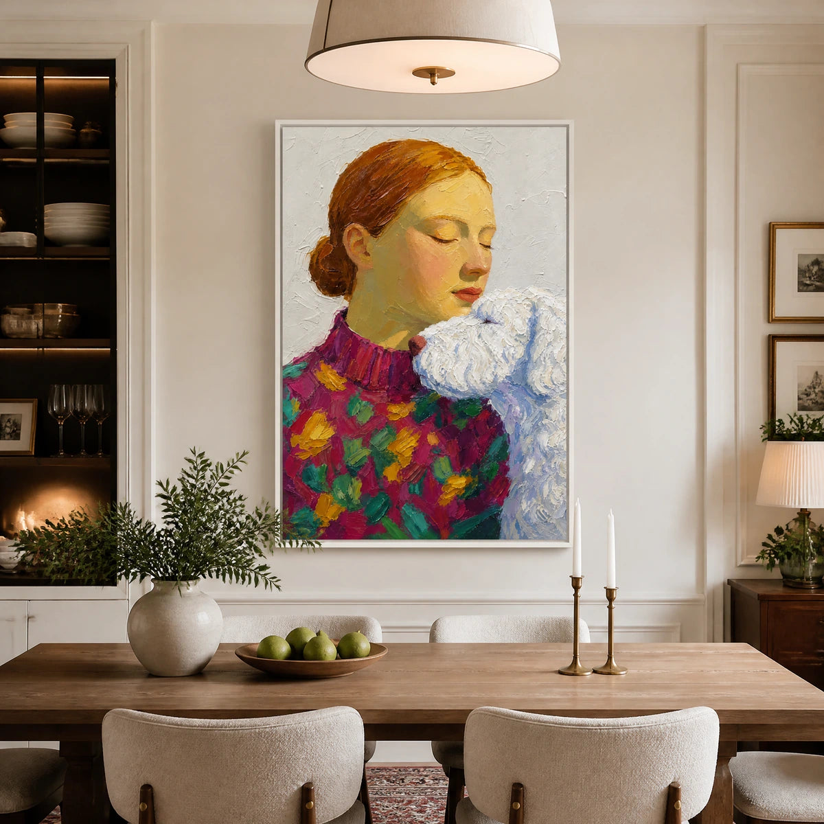 Patchwork Embrace in a refined dining room with white frame