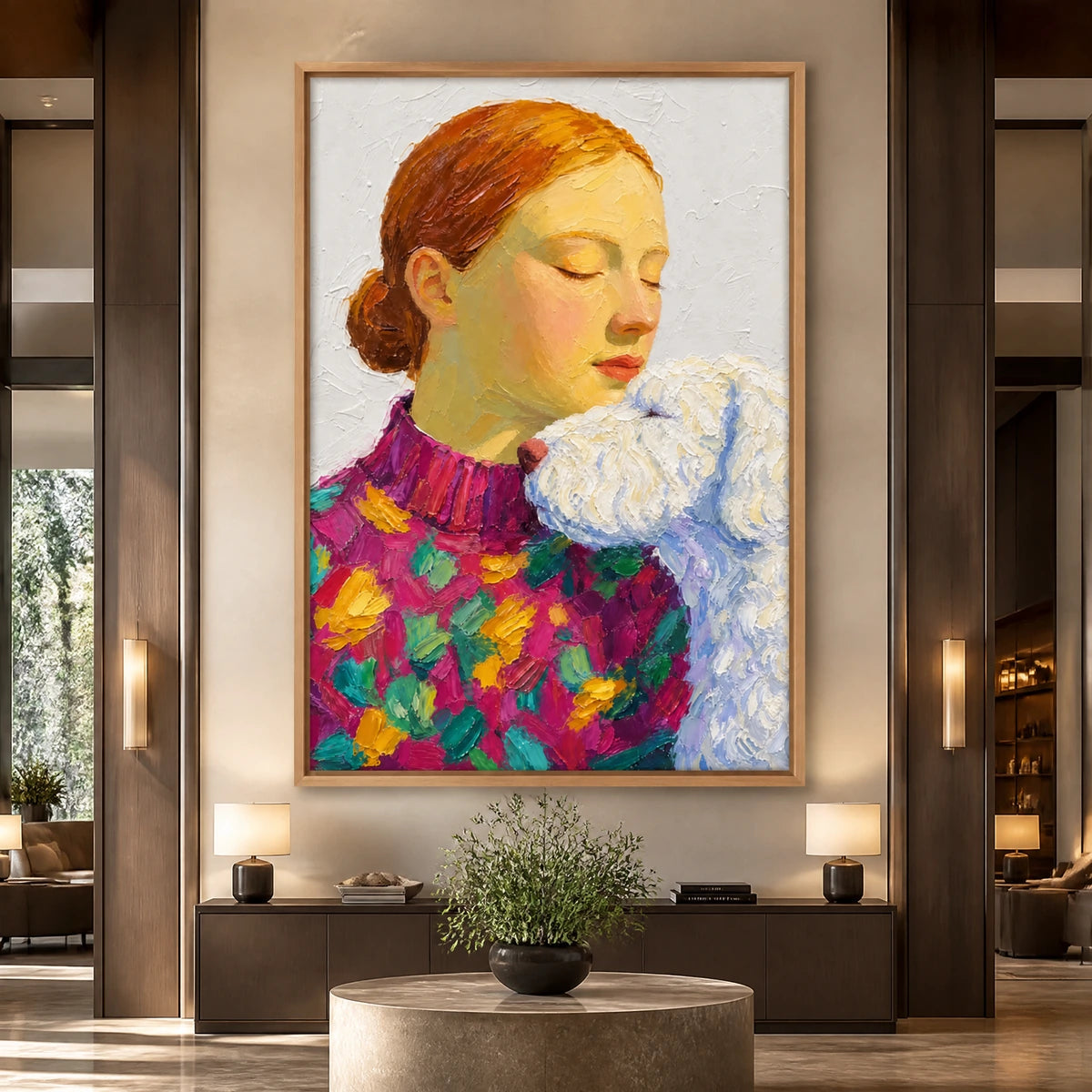 Patchwork Embrace in a refined hotel interior with wood frame
