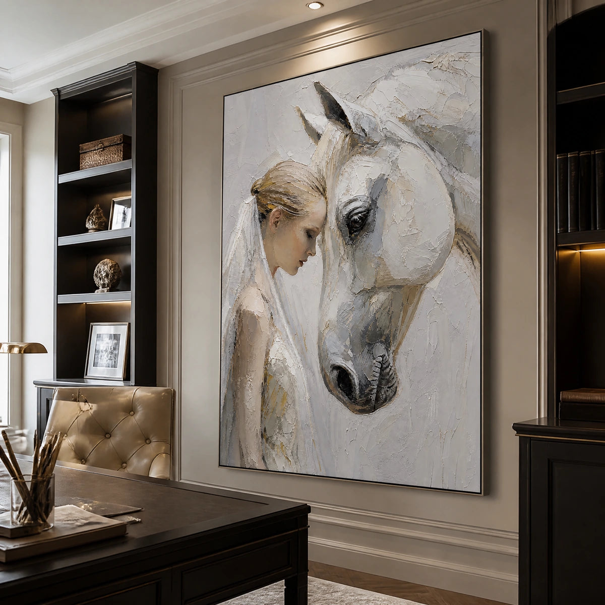 Quiet Bond in a refined office, frameless