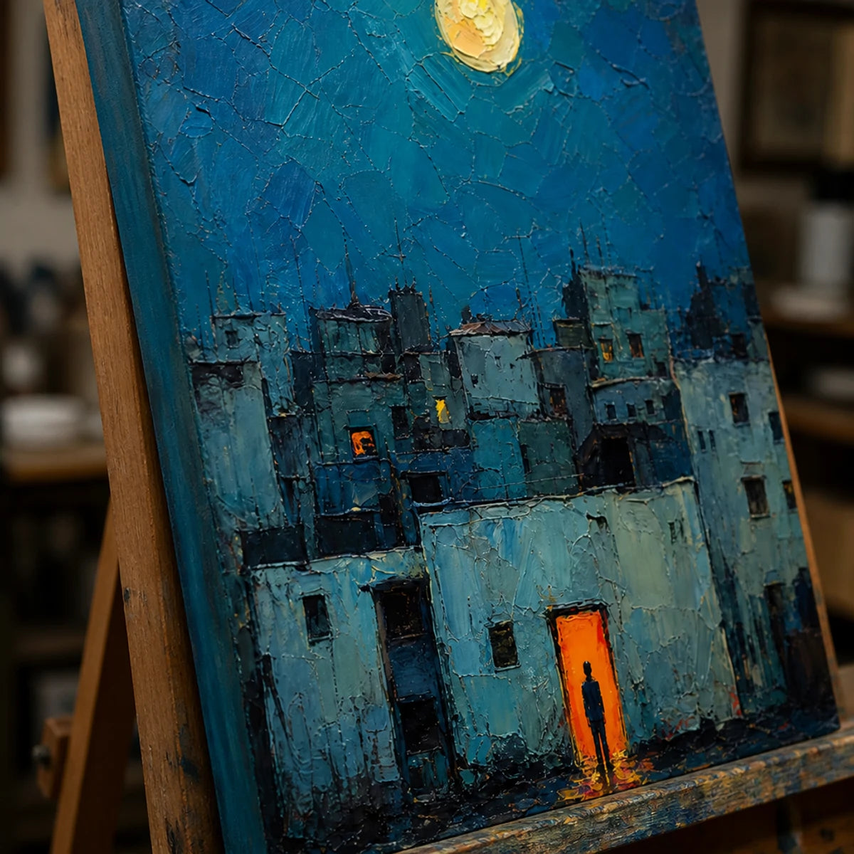 Close-up detail of Moonlit Blue Quarter showing hand-painted texture and part of the frame