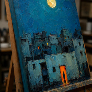 Close-up detail of Moonlit Blue Quarter showing hand-painted texture and part of the frame