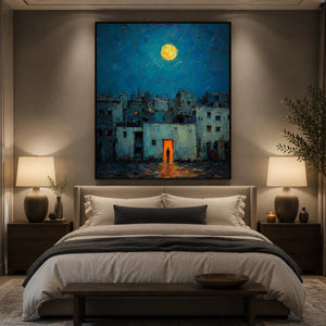 Moonlit Blue Quarter in a refined bedroom with black frame