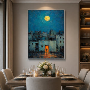 Moonlit Blue Quarter in a refined dining room with white frame