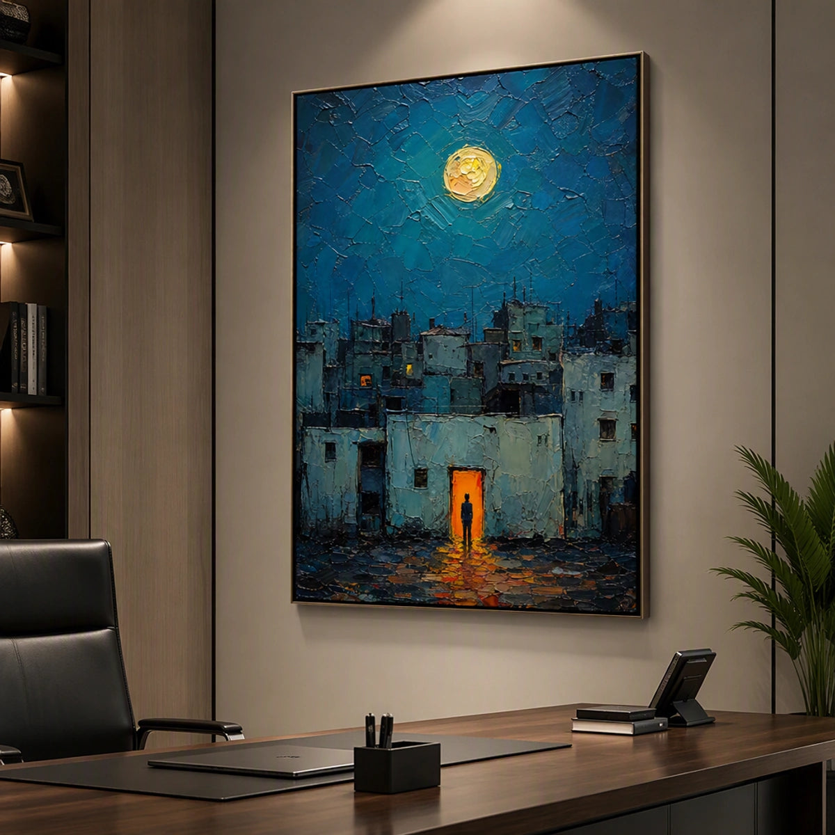 Moonlit Blue Quarter in a refined office, frameless
