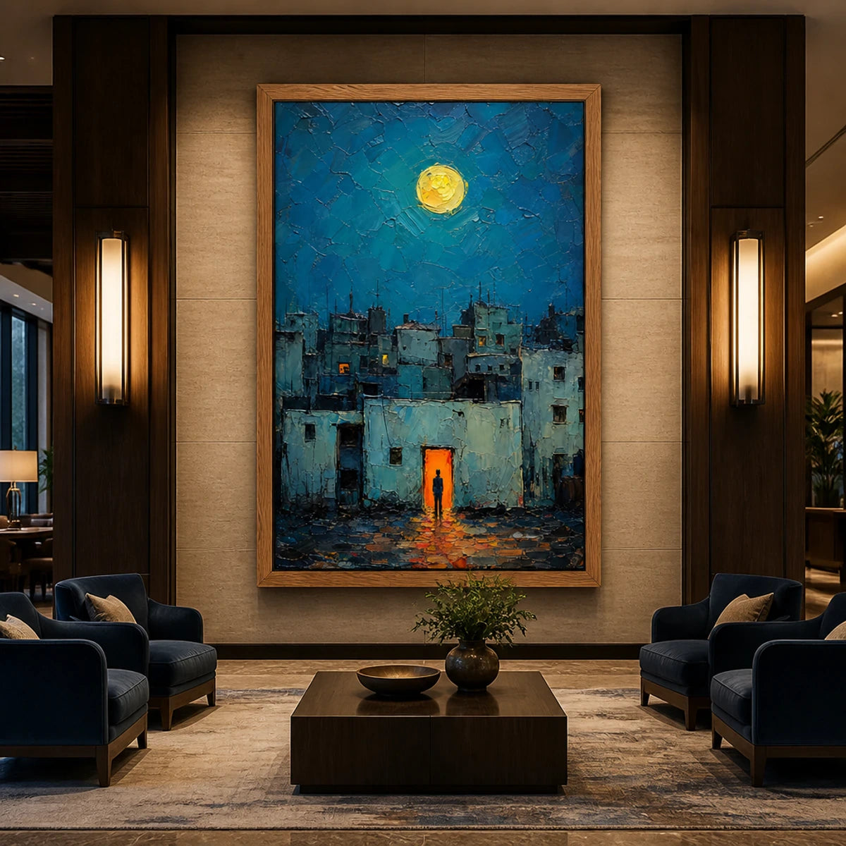 Moonlit Blue Quarter in a refined hotel interior with wood frame