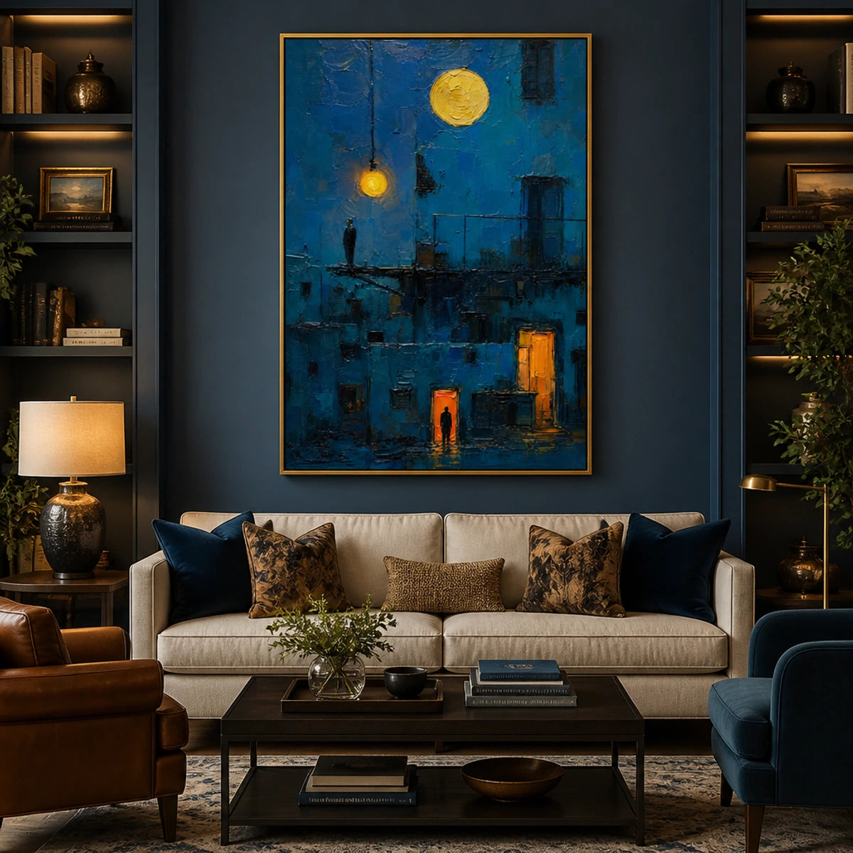 Lanterns Over Blue City in a refined living room with gold frame