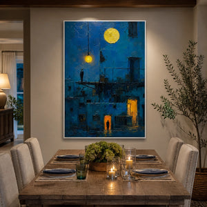 Lanterns Over Blue City in a refined dining room with white frame