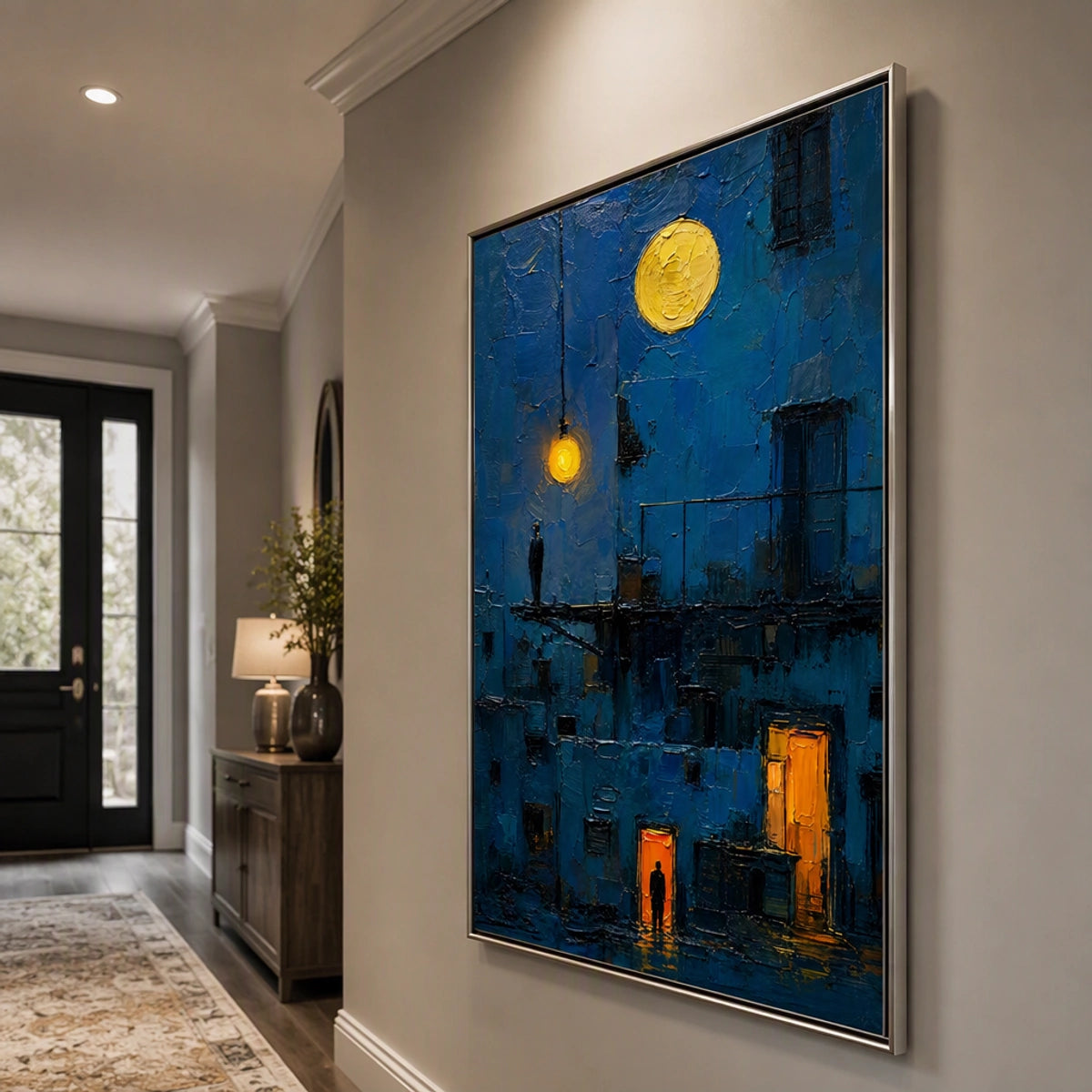 Lanterns Over Blue City in a refined entry hall with silver frame
