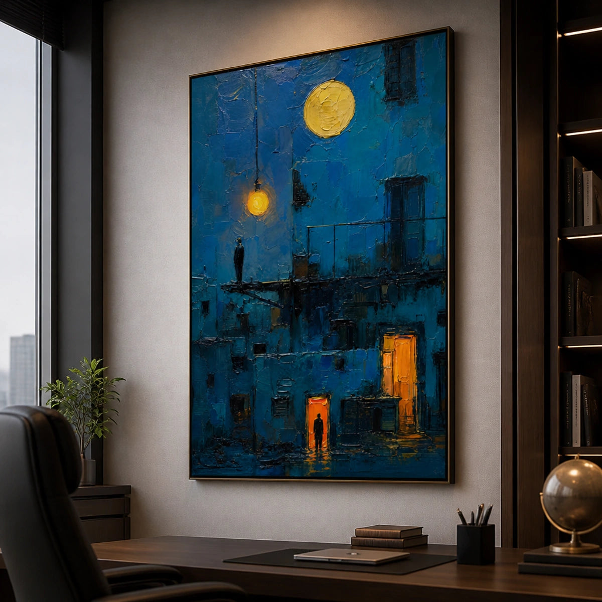 Lanterns Over Blue City in a refined office, frameless