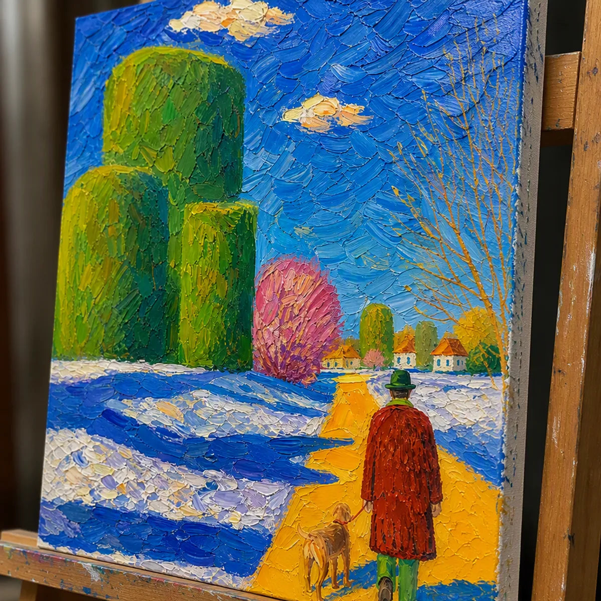 Close-up detail of Garden Pilgrim showing hand-painted texture and part of the frame