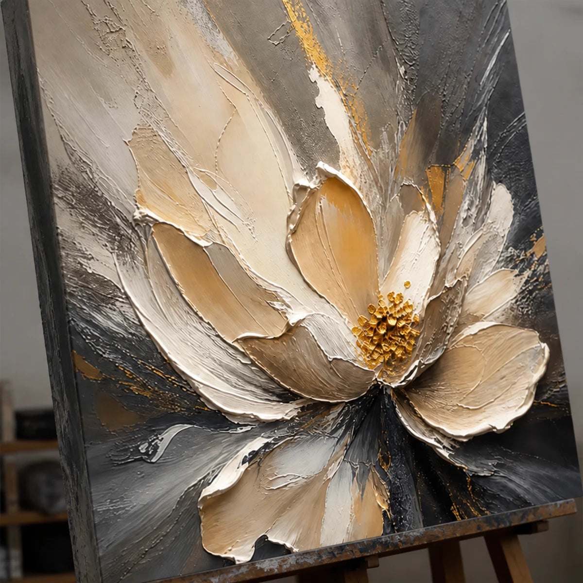 Close-up detail of Shadow Bloom showing hand-painted texture and part of the frame