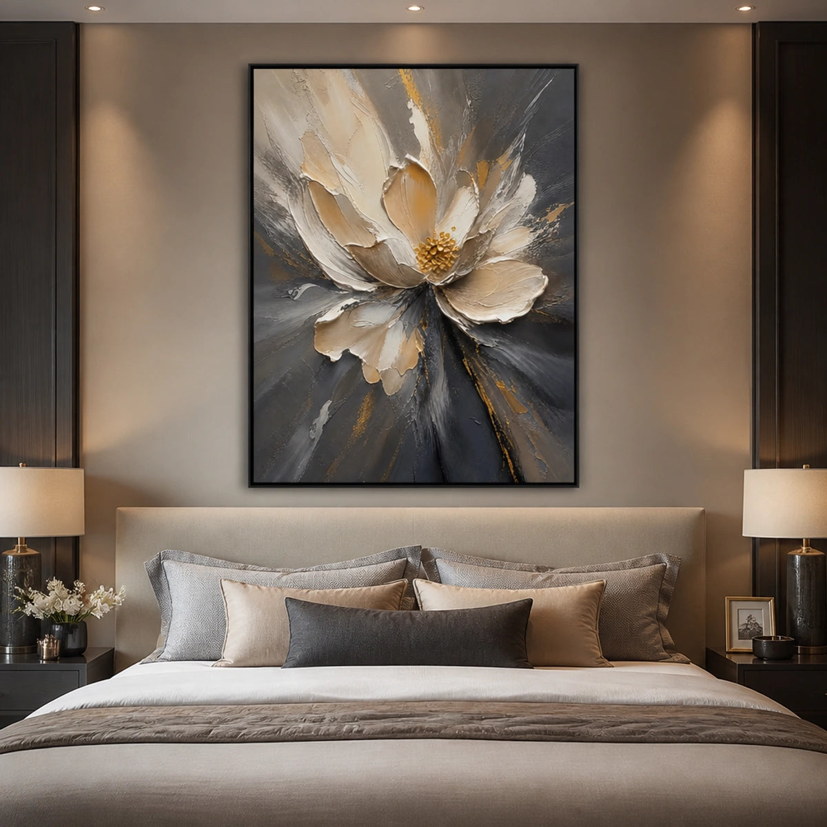 Shadow Bloom in a refined bedroom with black frame