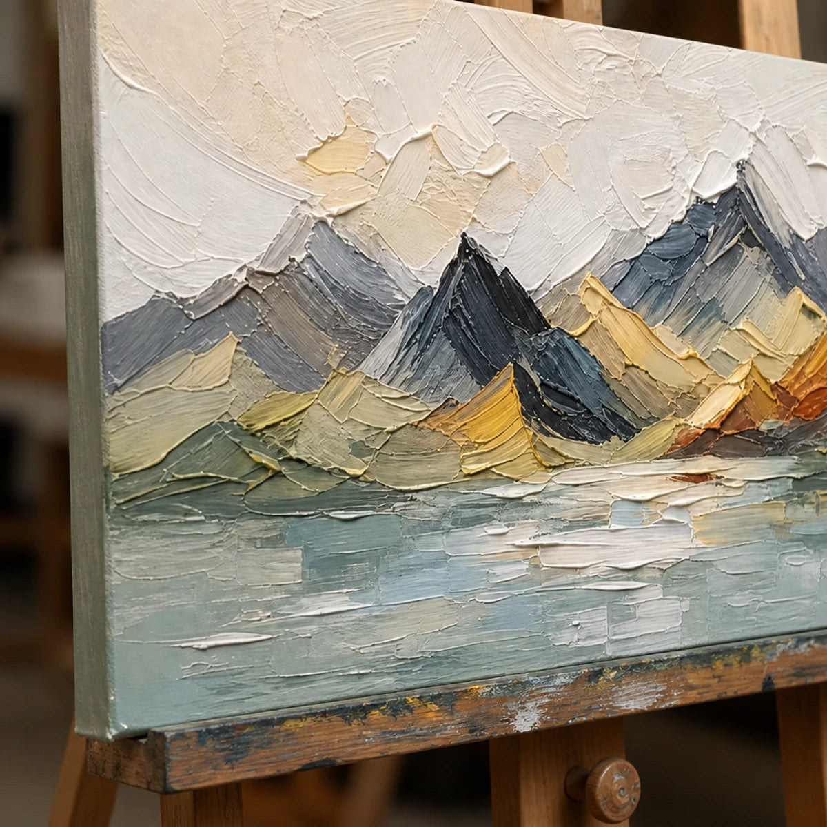 Close-up detail of Alpine Mosaic Ridge showing hand-painted texture and part of the frame