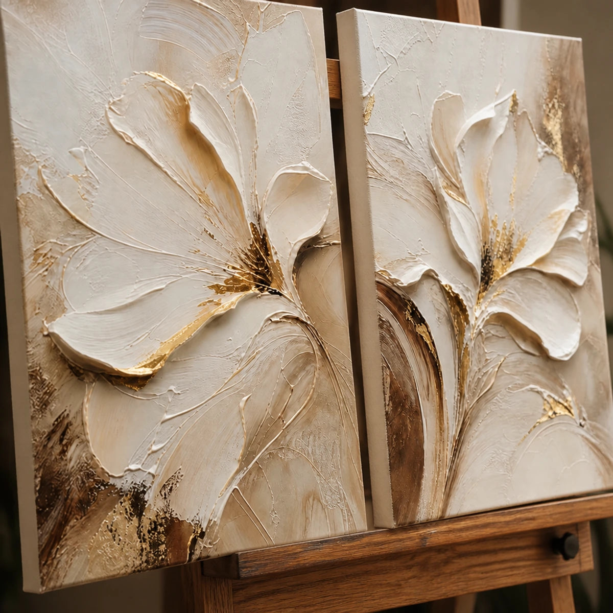 Close-up detail of Ivory Bloom Duet showing hand-painted texture and part of the frame